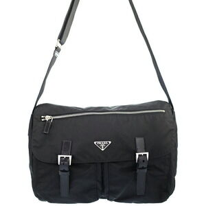 Prada Tessuto Nylon Saffiano Double Buckle Messenger Bag Black